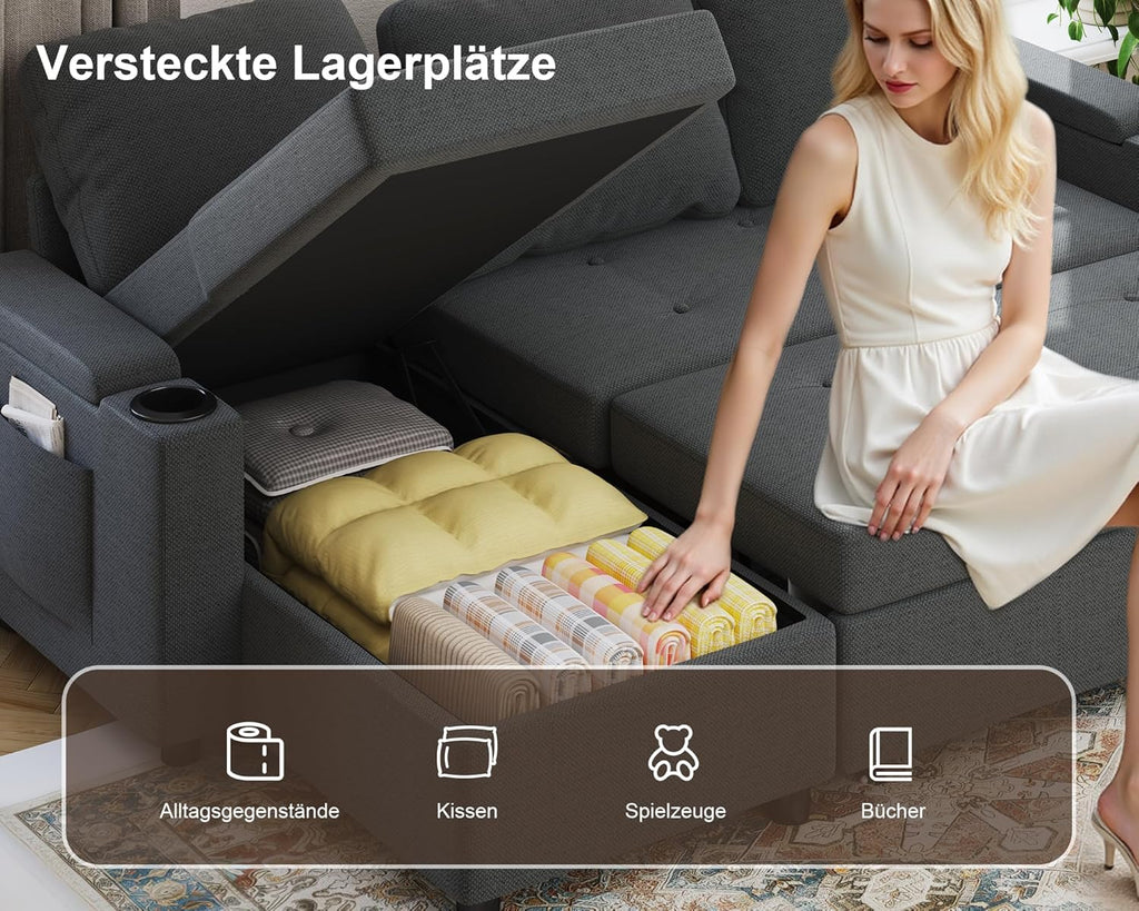 Devoko Ecksofa mit Schlaffunktion und Bettkasten 3 Sitzer Schlafsofa Ausziehbar L Form Couch klein Schlafcouch Wohnlandschaft für Wohnung und Wohnzimmer Dunkelgrau