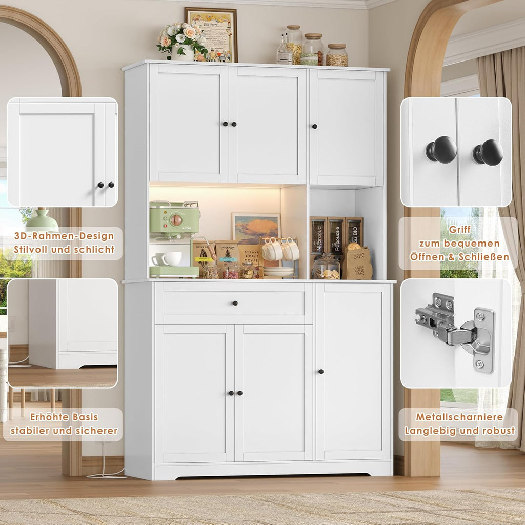 FirFurd Küchenschrank 180cm Buffetschrank mit LED Sideboard für Küche mit Steckdosenleiste Küchenschrank mit Arbeitsplatte & Weinregal für 12 Flaschen Küchenbuffet Küchenmöbel 180x100x39cm weiß