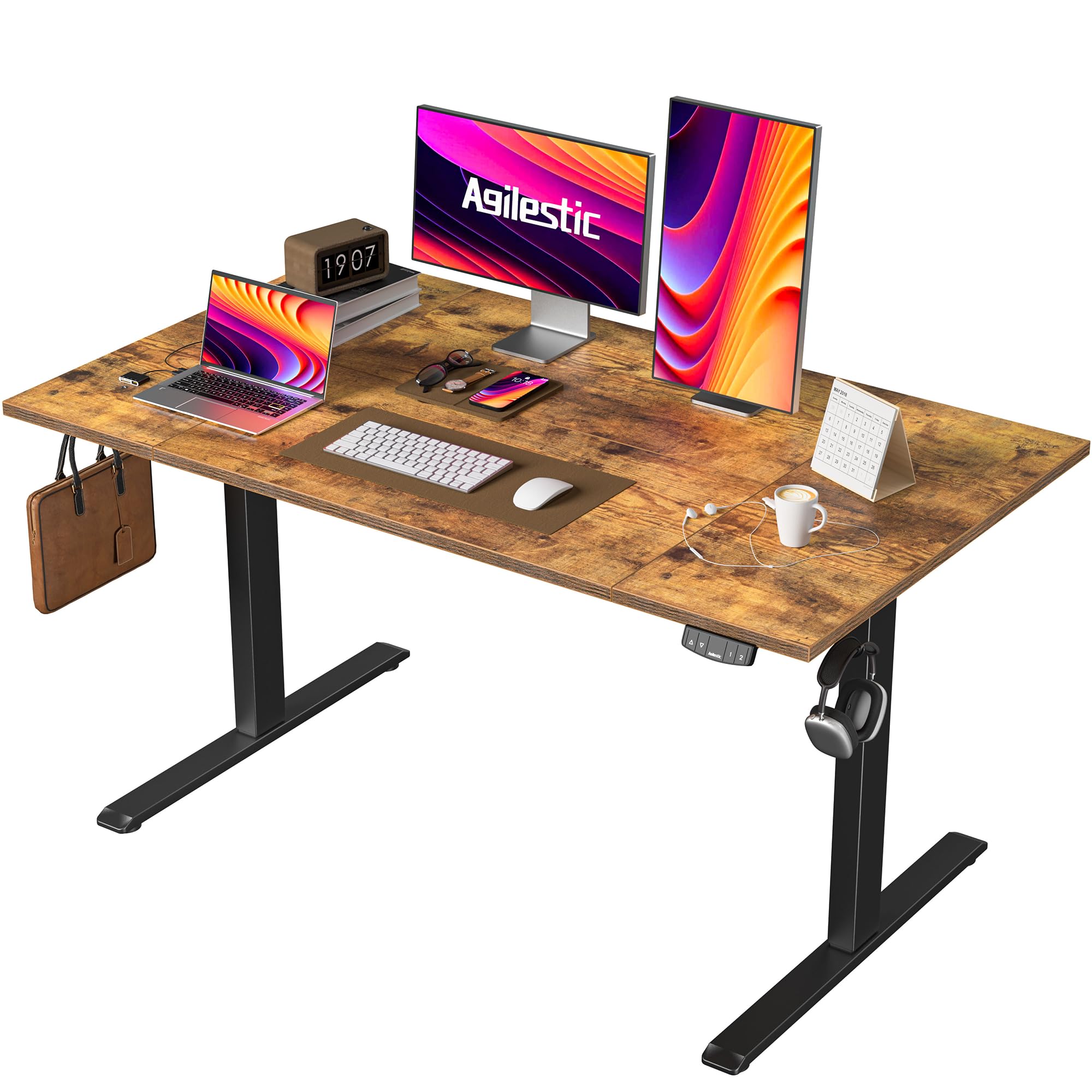 Agilestic Elektrisch Höhenverstellbarer Schreibtisch 120x80 cm, Sitz-Steh Stehpult mit Memory-Funktion, Höhenverstellbarer Computertisch, Gaming-Schreibtisch mit Vierteiliger Tischplatte,Weiß