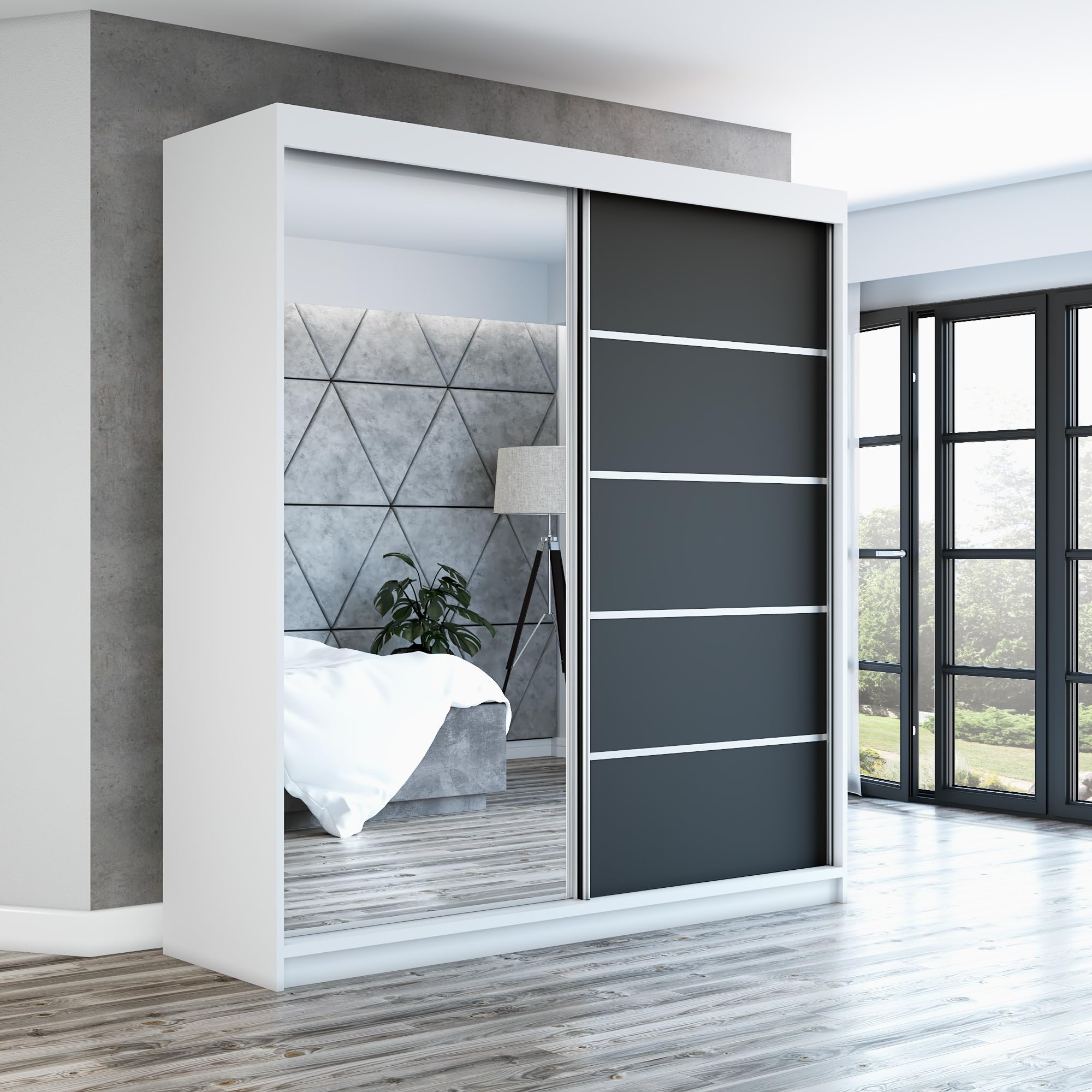 A&J MöbelLand Schwebetürenschrank GAPI Kleiderschrank 2-türig mit Spiegel, Garderobe 160 cm (Weiß/weiß/weiß)