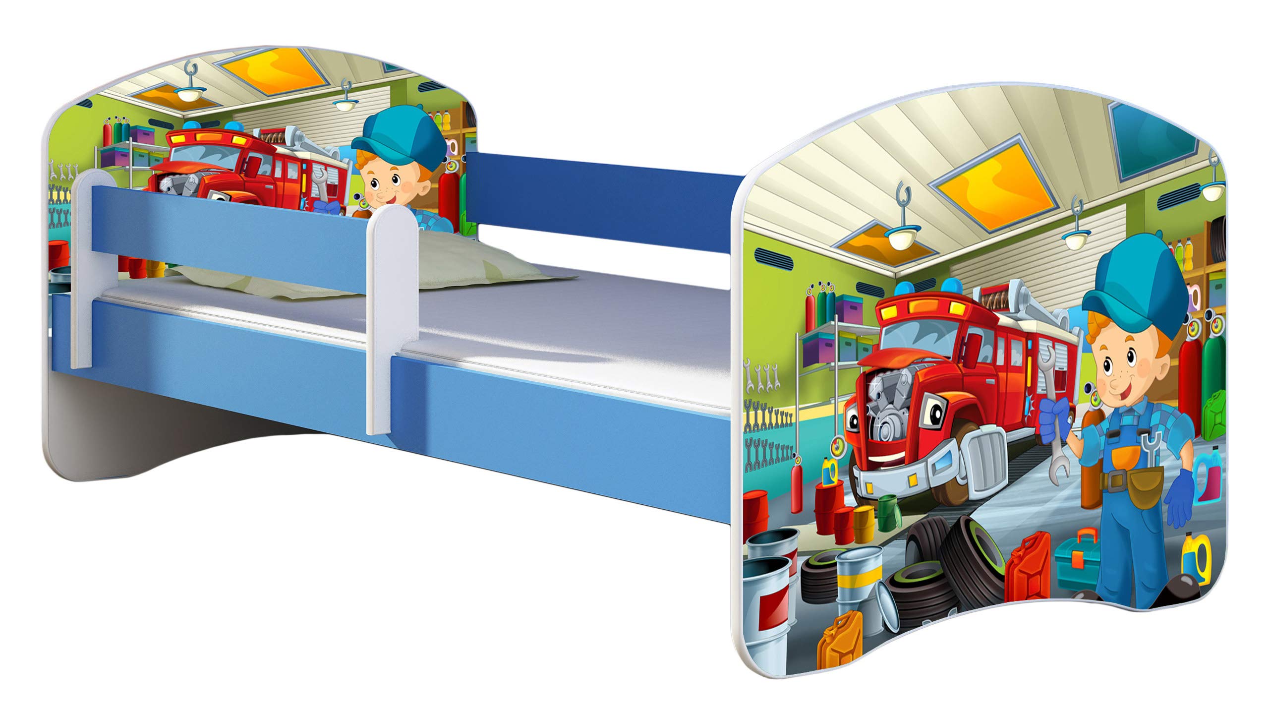 ACMA Kinderbett Jugendbett mit Einer Schublade und Matratze Blau mit Rausfallschutz Lattenrost II 140x70 160x80 180x80 (36 Feuerwehr, 160x80)