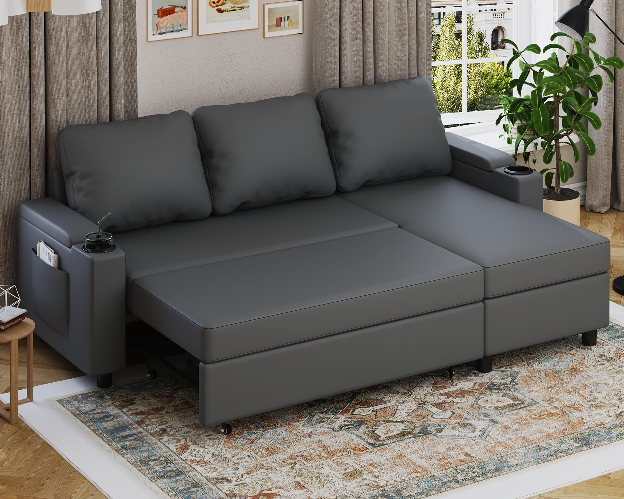 Devoko Ecksofa mit Schlaffunktion und Bettkasten 3 Sitzer Schlafsofa Ausziehbar L Form Couch klein Schlafcouch Wohnlandschaft für Wohnung und Wohnzimmer Dunkelgrau