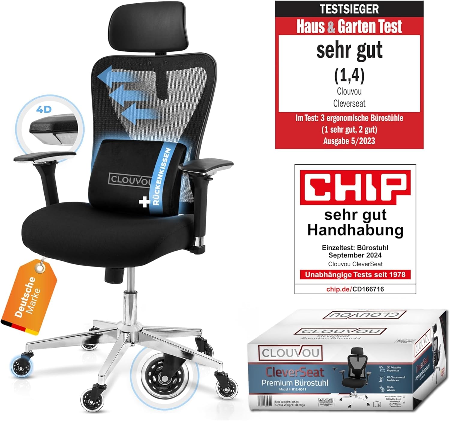 CLOUVOU CleverSeat Bürostuhl Ergonomisch [TESTSIEGER] Schreibtischstuhl 100% individuell einstellbar | Büro Stuhl & Gaming Stuhl | Computerstuhl Home Office Chair Ergonomic | Drehstuhl 150 kg