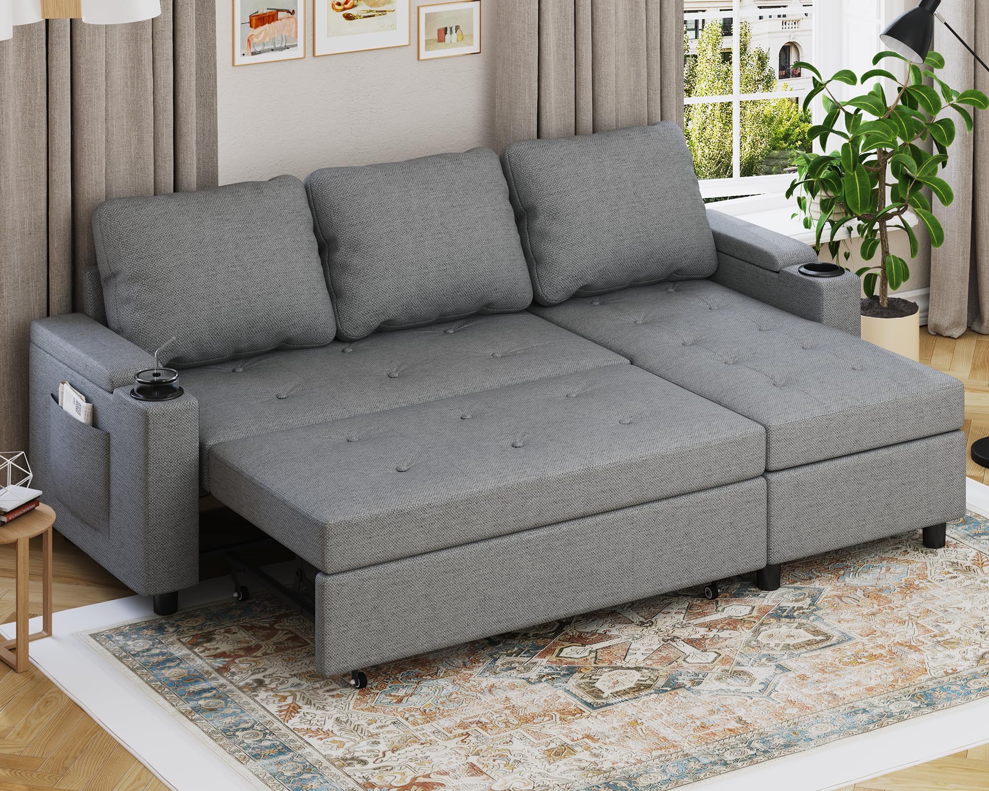 Devoko Ecksofa mit Schlaffunktion und Bettkasten 3 Sitzer Schlafsofa Ausziehbar L Form Couch klein Schlafcouch Wohnlandschaft für Wohnung und Wohnzimmer Dunkelgrau