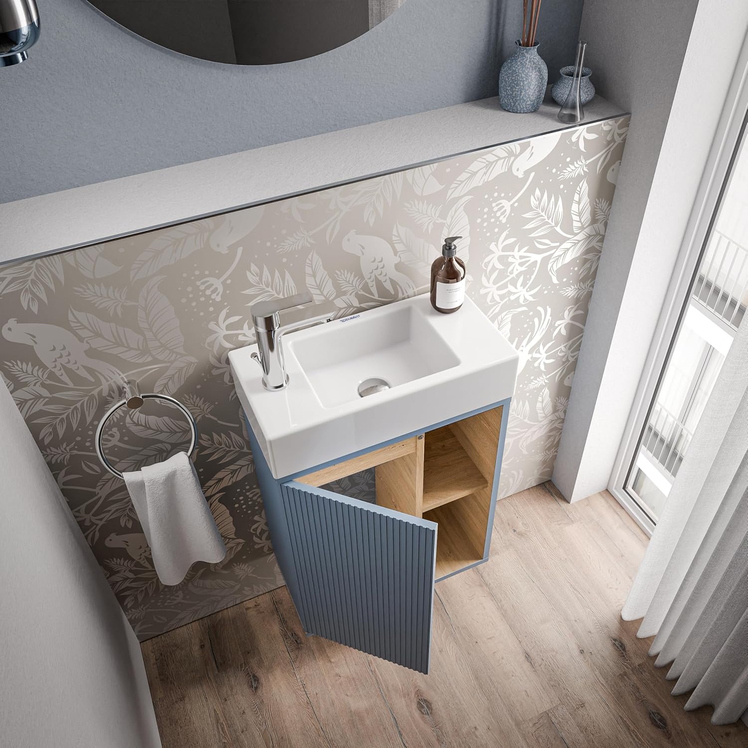 BERNSTEIN Kleines Badmöbelset BELDIVO in Azurblau - 50 x 24,3 x 60 cm - Waschtischunterschrank mit Duravit Keramik-Waschbecken, Türanschlag Links, Push-to-Open - Vormontiert - 5 Jahren Garantie