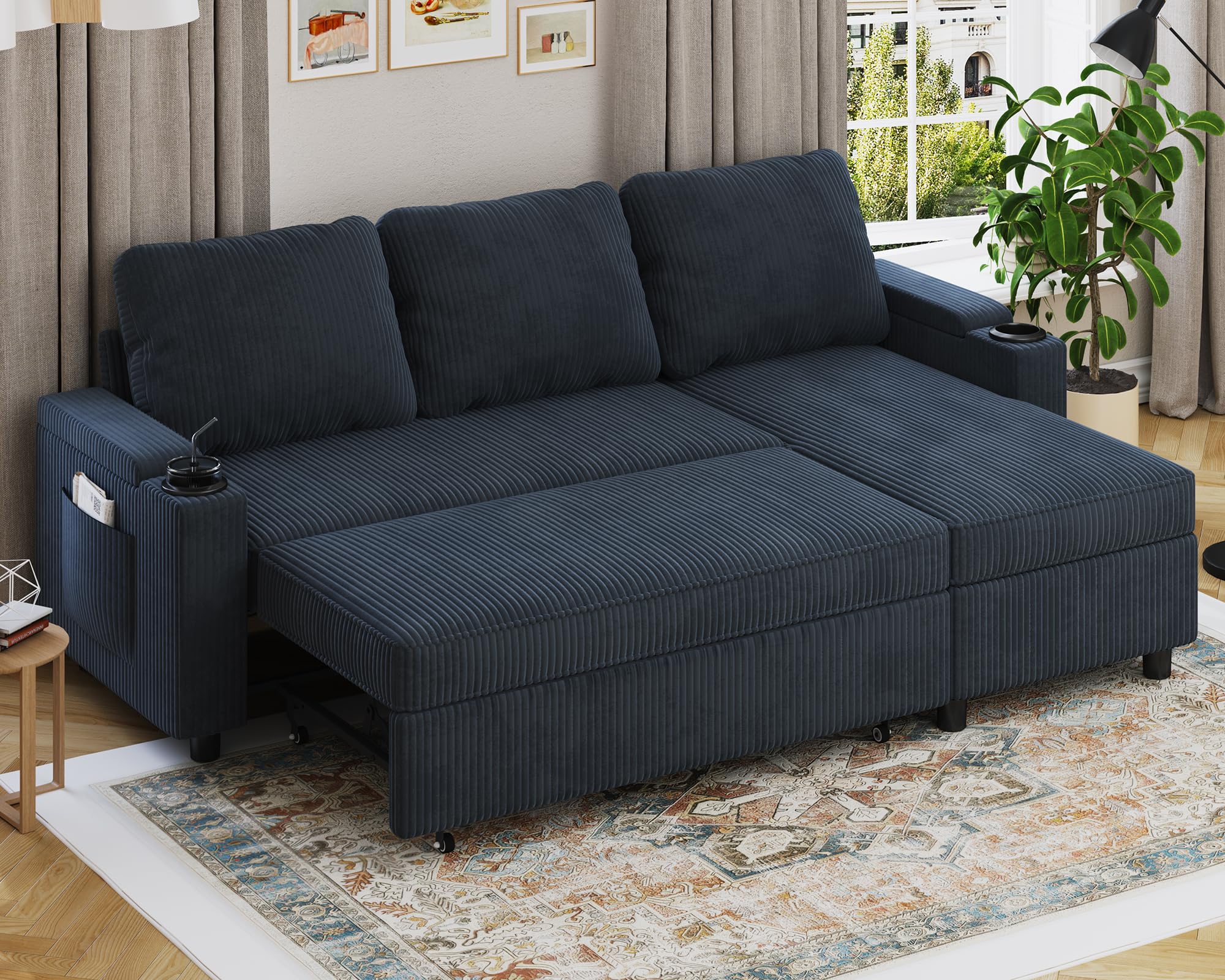 Devoko Ecksofa mit Schlaffunktion und Bettkasten 3 Sitzer Schlafsofa Ausziehbar L Form Couch klein Schlafcouch Wohnlandschaft für Wohnung und Wohnzimmer Dunkelgrau