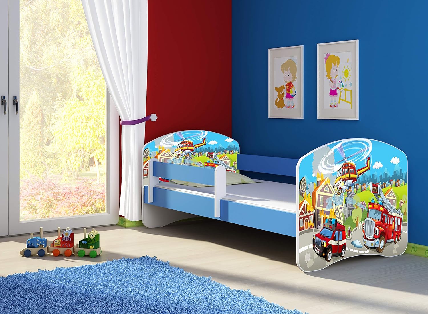 ACMA Kinderbett Jugendbett mit Einer Schublade und Matratze Blau mit Rausfallschutz Lattenrost II 140x70 160x80 180x80 (36 Feuerwehr, 160x80)