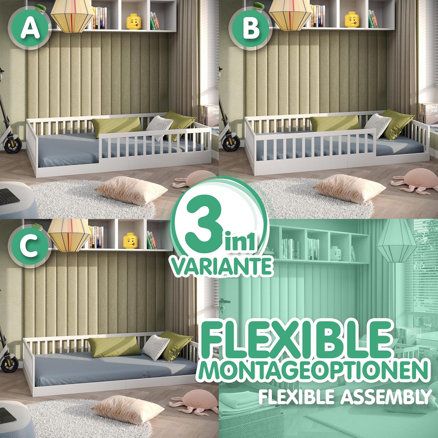 CADANI Timi Kinderbett 120x200 cm Bodenbett, Rausfallschutz abnehmbar, bis 200 kg belastbar, Roll-Lattenrost, Montessori Kiefer Massivholz Bett, 3 Aufbauvarianten, Umbaubar, Weiß