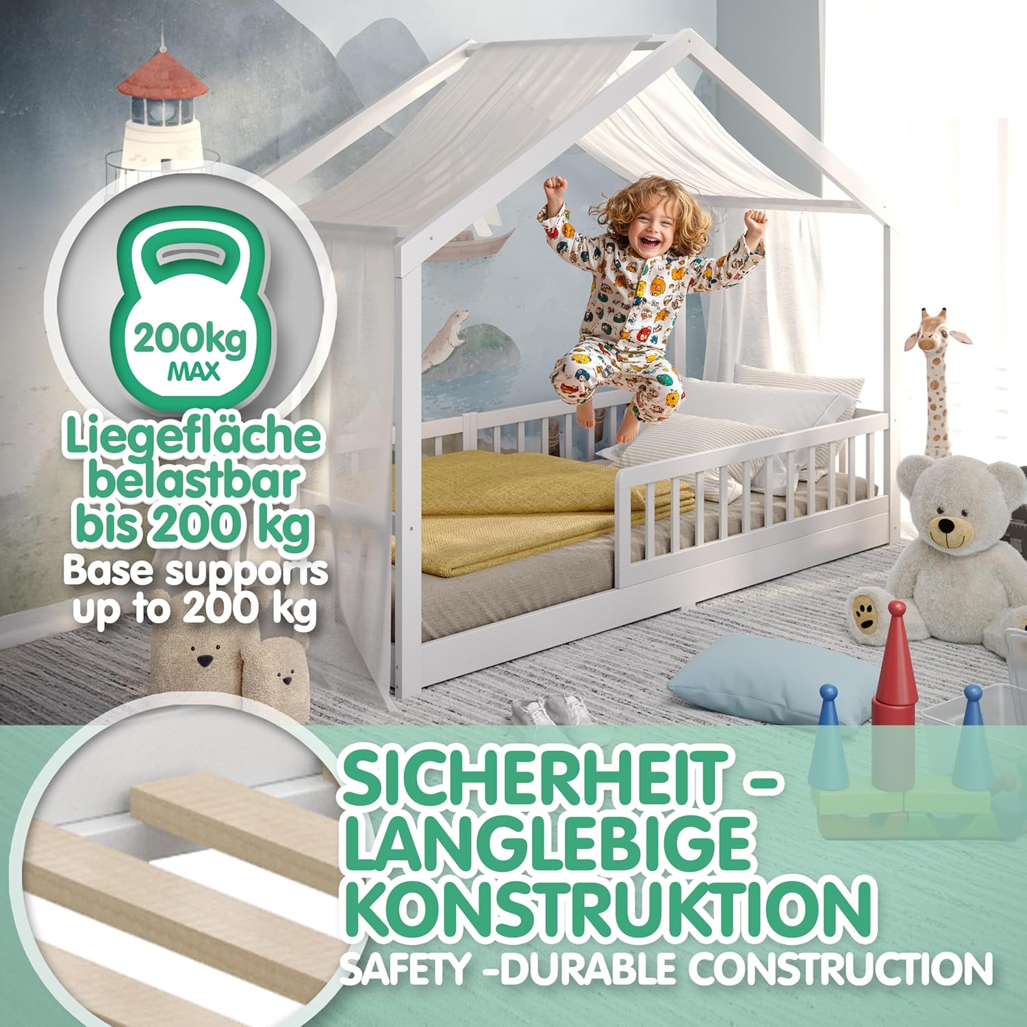 CADANI Malte Kinderbett 90x200 cm – Hausbett mit abnehmbarem Rausfallschutz, bis 200 kg belastbar, Roll-Lattenrost, Montessori Bodenbett aus Massivholz Kiefer, Weiß